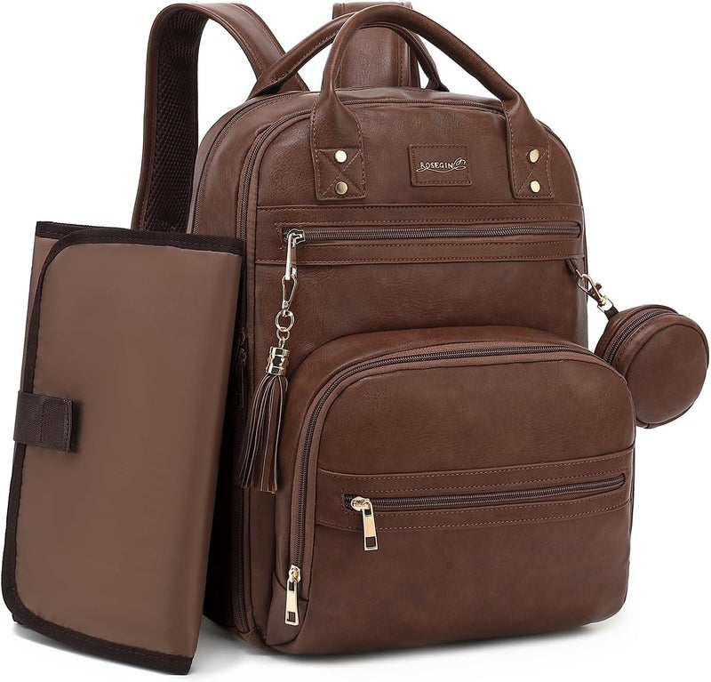 ROSEGIN Premium Vegan Leather Diaper Bag Backpack with Waterproof Changing Pad, Reinforced Zippers & Odor-Free,20 Pockets Pro Organizer, Fits 15.6" Laptop, Stroller Straps, Baby Bag for Mom,Dark Brown - Image 1